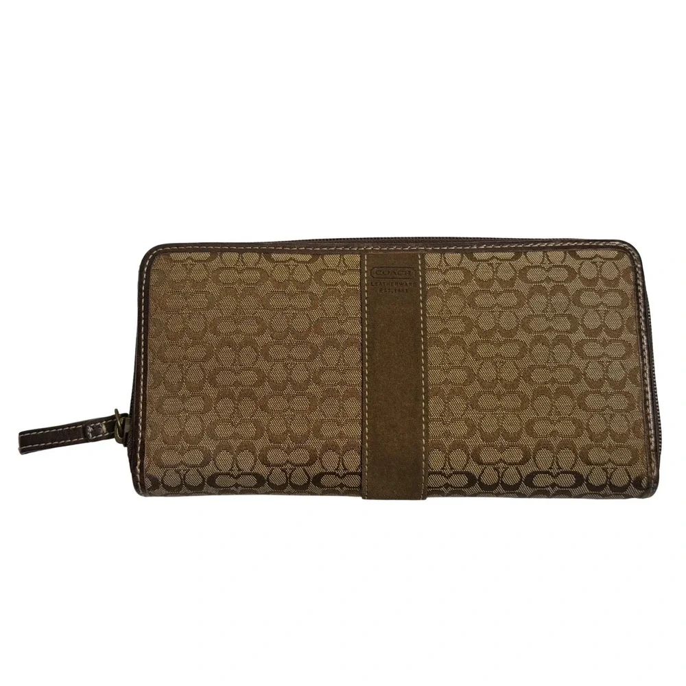 VTG Coach‎ Wallet Brown Signature Canvas Suede Trim Zip Around Accordion Clutch